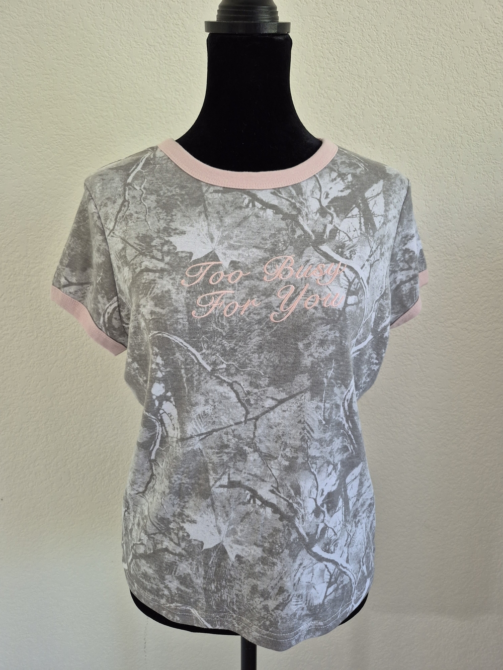 Gray Marble Print Tee with Pink Trim - Too Busy For You Graphic